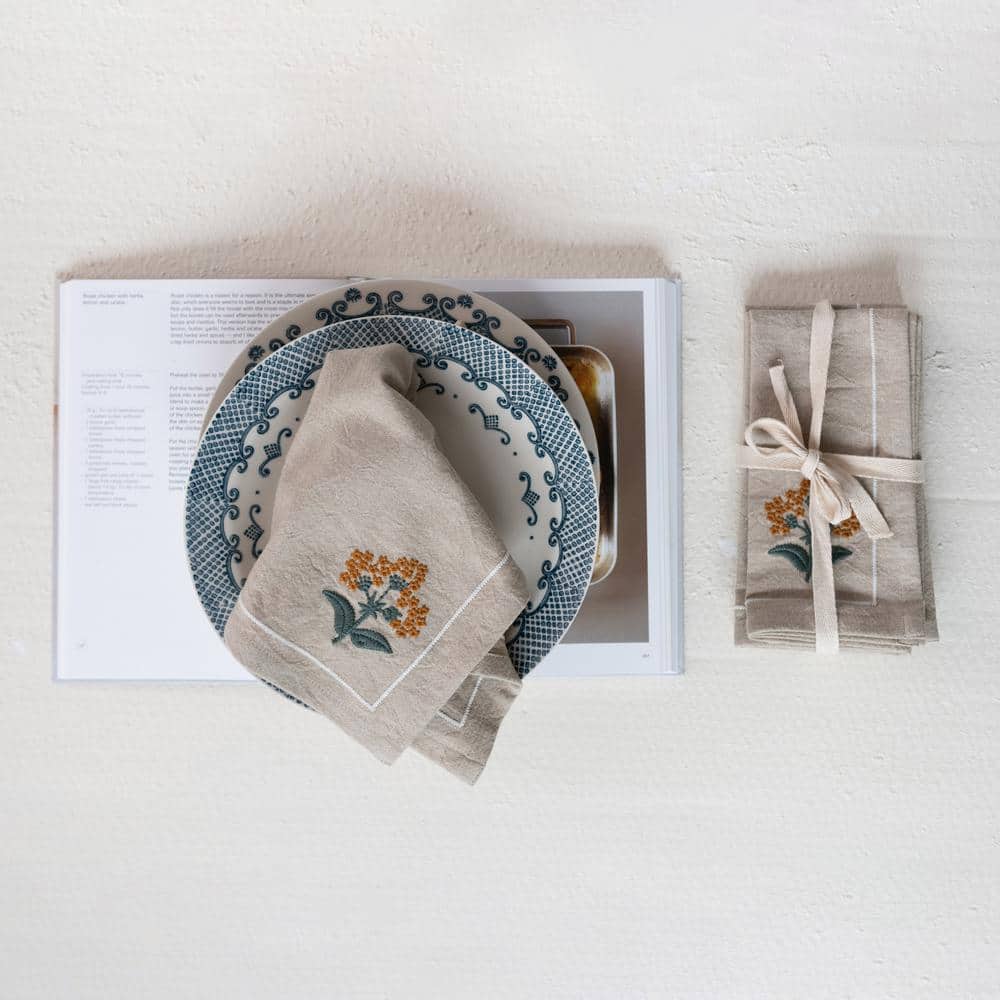 Oatmeal Cotton Napkins with Floral Embroidery, 18"x18"