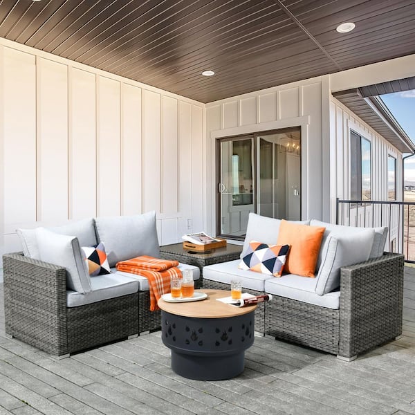 Daffodil R Gray 6-Piece Wicker Patio Wood Burning Fire Pit Conversation Sofa Set with Light Gray Cushions