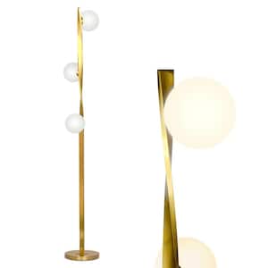 Nola 60 in. Antique Brass Industrial 3-Light 3-Way Dimming LED Floor Lamp with 3 Frosted White Glass Globe Shades