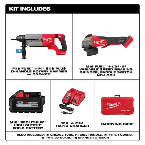 M18 FUEL ONE-KEY 18V Lith-Ion Brushless Cordless 1-1/4 in. SDS-Plus Rotary Hammer Kit w/(2) 6.0 Ah Batteries & Grinder