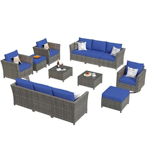 Bexley Gray 13-Piece Wicker Patio Conversation Seating Set with Navy Blue Cushions and Swivel Chairs