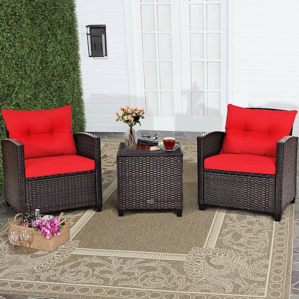 FORCLOVER 3-Pieces Rattan Patio Conversation Set with Red Cushion