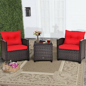 3-Pieces Rattan Patio Conversation Set with Red Cushion
