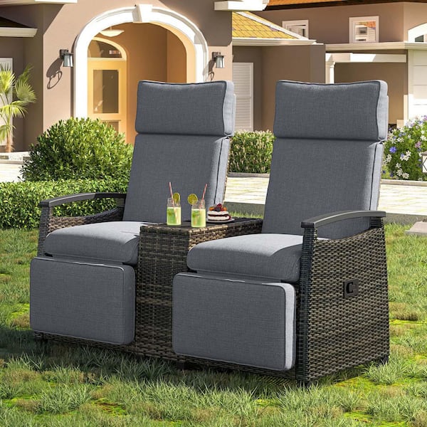 Unbranded Wicker Outdoor Chaise Lounge with Gray Cushions, Adjustable Backrest Lounge Chair Set, Patio Recliner Loveseat Chair