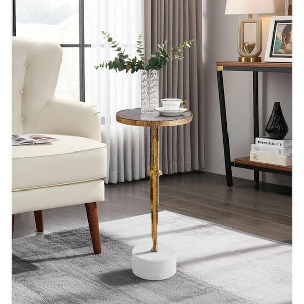 10 in. Gold Round Marble Top Cocktail End Table