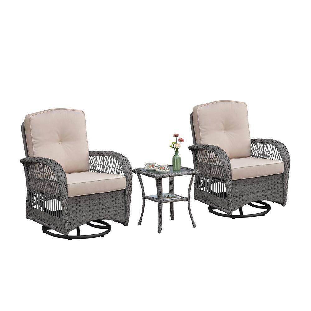 3-Piece Wicker Outdoor Chat Set Bistro Set Conversation Set Patio Side Table and Swivel Rocking Chair with Beige Cushion price history on PriceWatchPro