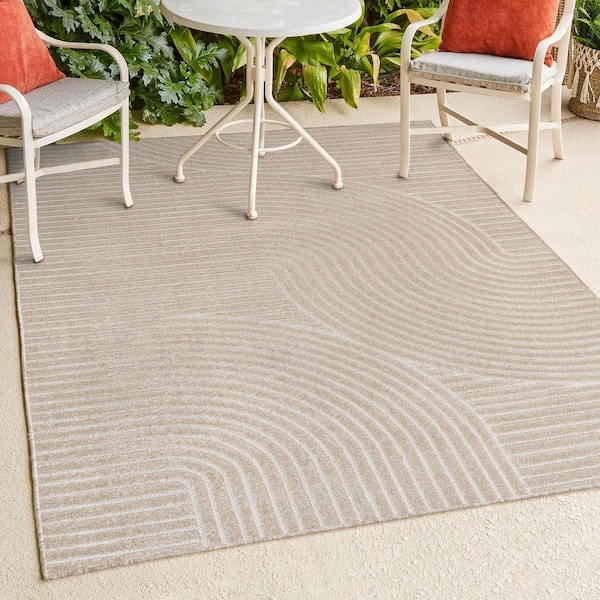 JONATHAN Y Hallie High-Low Minimalist Curve Geometric Beige/Cream 8 ft. x 10 ft. Indoor/Outdoor Area Rug