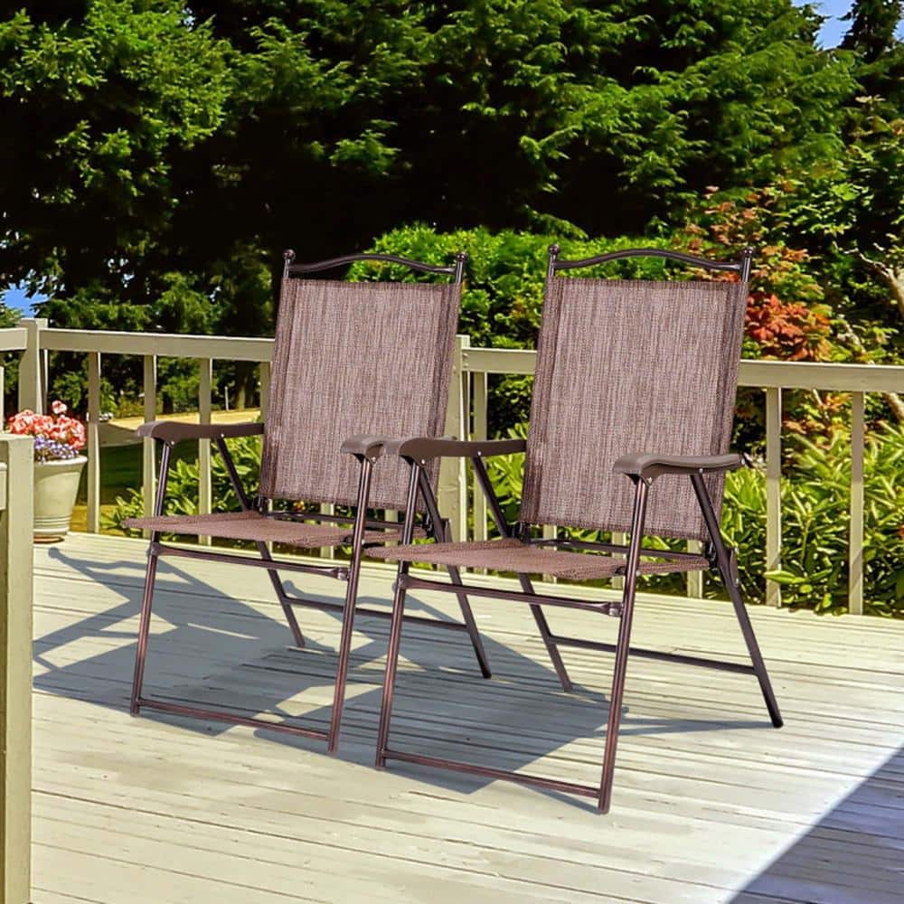 Brown Steel Frame Folding Patio Chairs Set of 2