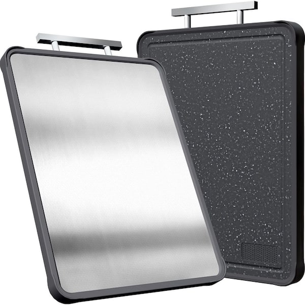 17 in. x 11 in. Rectangular 304 Stainless Steel Cutting Board with Handle for Kitchen, Non-Toxic Chopping Board, Black