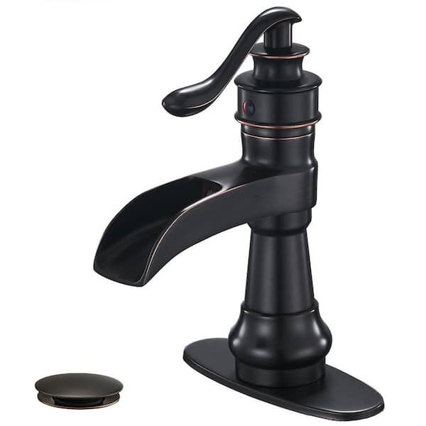 Waterfall Single Hole Single-Handle Low-Arc Bathroom Faucet with Pop-up Drain Assembly in Oil Rubbed Bronze