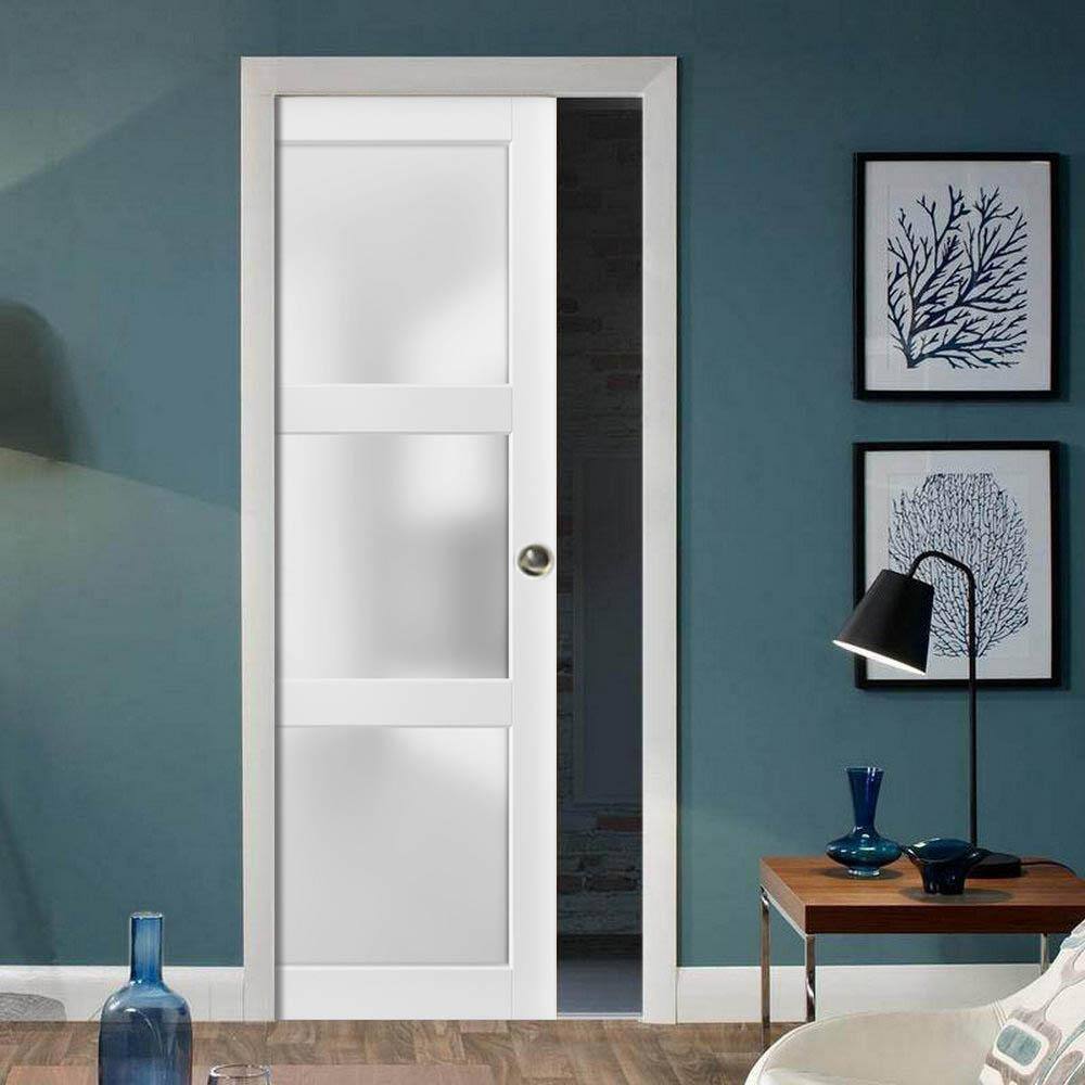 Matte White 3-Panel Frosted Glass Pocket Door