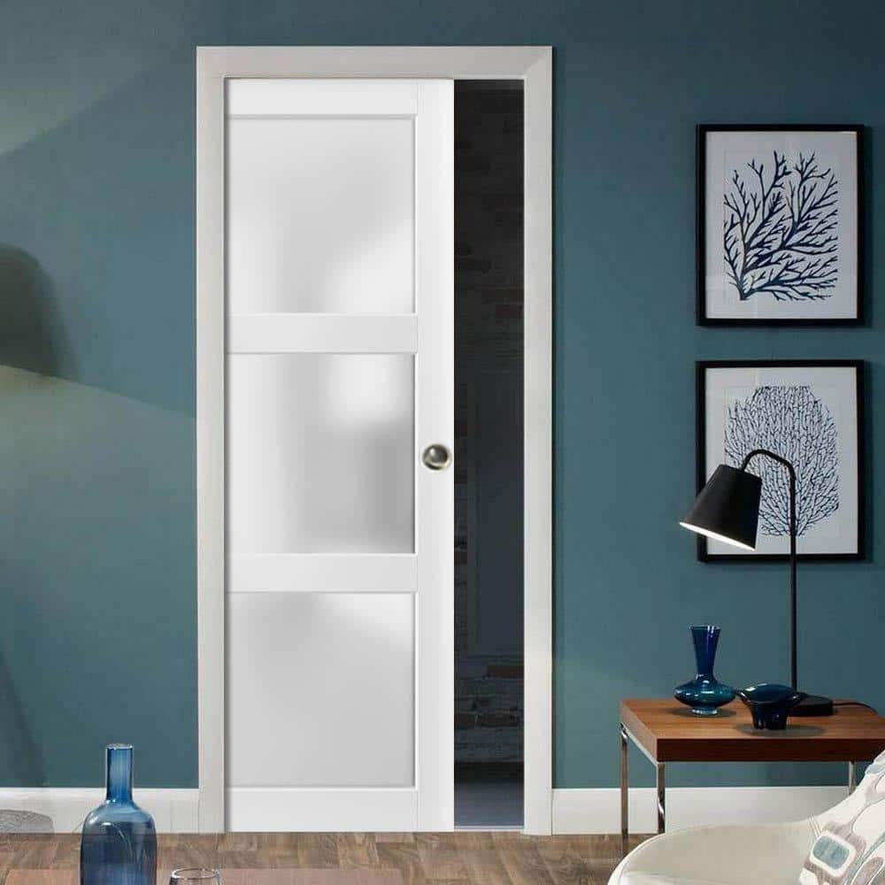 White Frosted Glass 3-Panel Solid Core Pocket Door