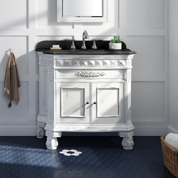 OVE Decors York 36 in. W x 20 in. D x 34 in. H Single Sink Bath Vanity in Antique White with Black Granite Top