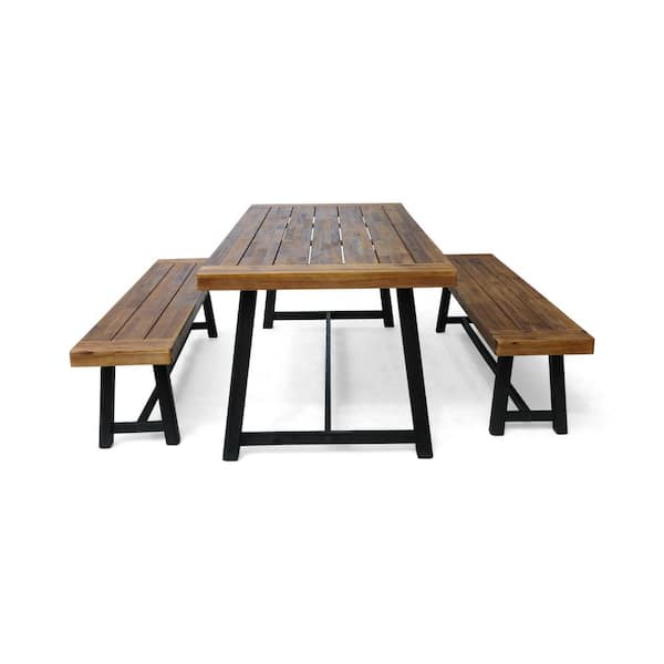 Raphael Teak Brown and Black 3-Piece Wood Outdoor Dining Set
