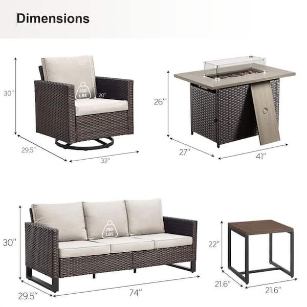 U-Frame 5-Piece Brown Wicker Fire Pit Conversation Set with Olefin Beige Cushions and Swivel Glider Chairs/Couch