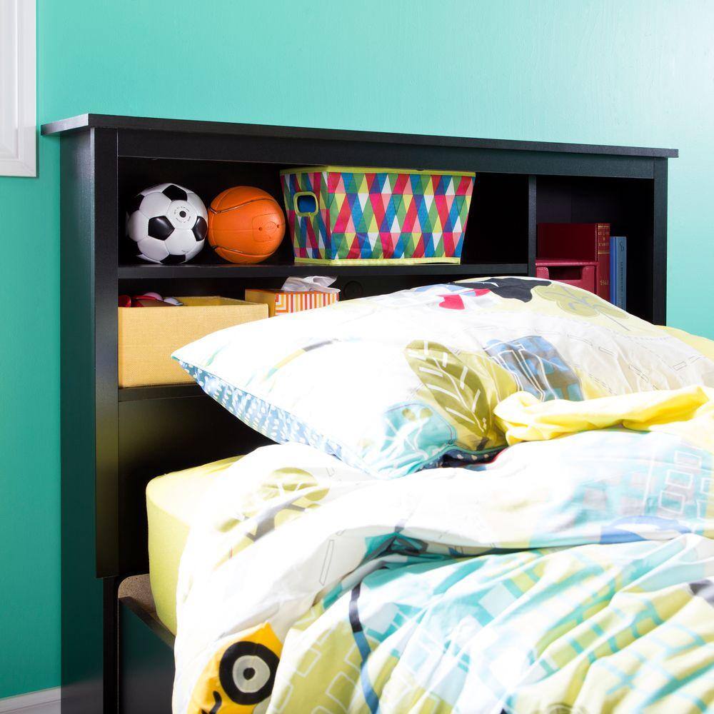 Twin Black Wood Bookcase Headboard with Storage