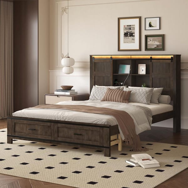Harper & Bright Designs Antique Brown Wood Frame Queen Size Platform Bed with 2-Drawers, Storage Headboard Including Shelves and USB