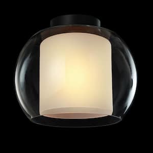 Aura 12 in. 1-Light Bronze Semi-Flush Mount with Clear Glass Outer Shade and Frosted Glass Inner Shade
