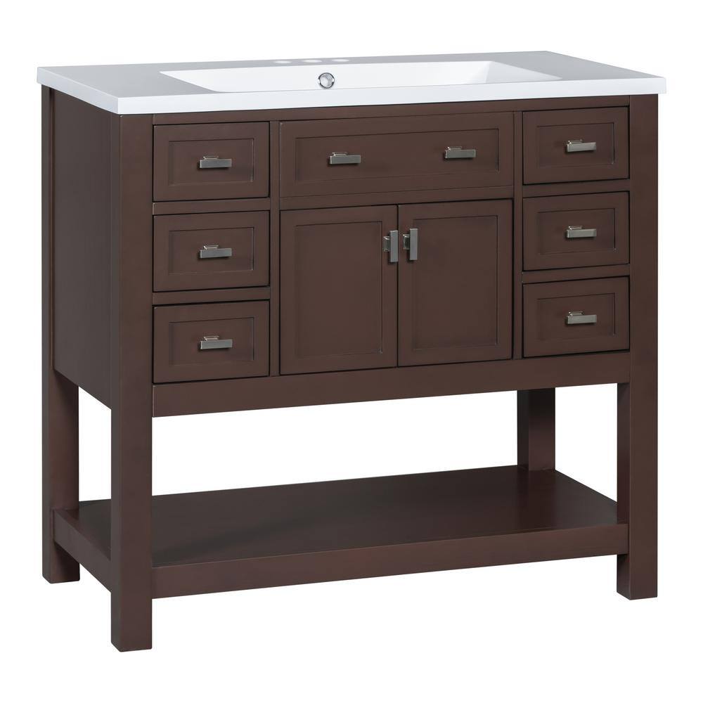36 in. W x 18 in. D x 34.1 in. H Brown Linen Cabinet with 6-Drawers, 1-Door