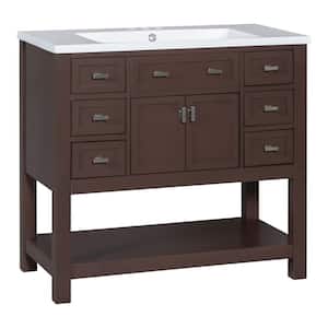 36 in. W x 18 in. D x 34.1 in. H Brown Linen Cabinet with 6-Drawers, 1-Door, 1-Open Shelf and Resin Basin