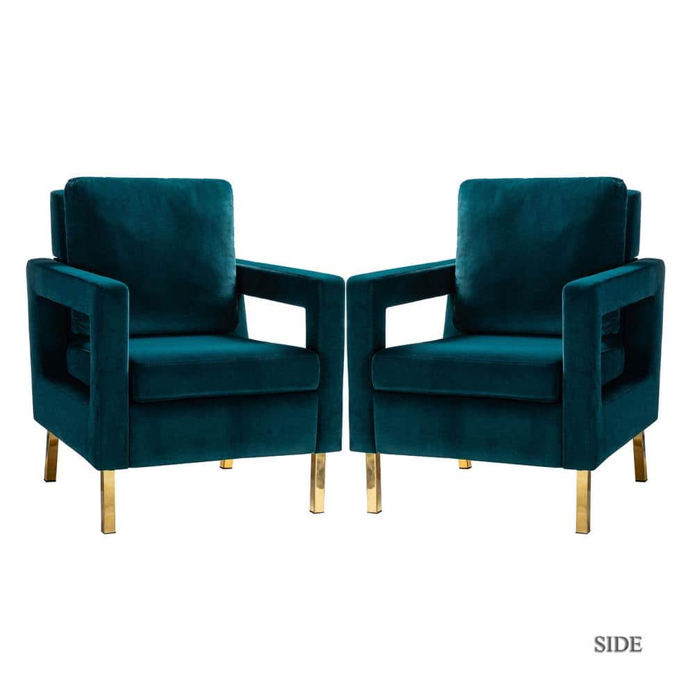 Anika Modern Teal Comfy Velvet Arm Chair with Stainless Steel Legs and Square Open-framed Arm (Set of 2)