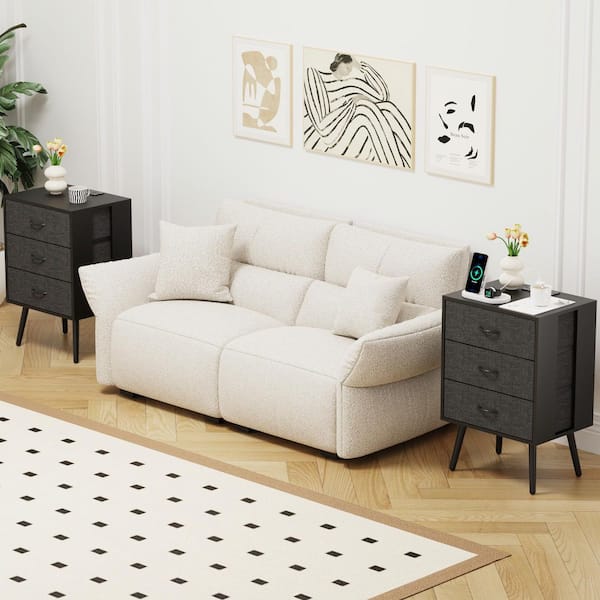 Black 2-Piece Modern Nightstand w/ Charging Station and LED Light, 3 Fabric Drawer Per Nightstand,End Table for Bedroom
