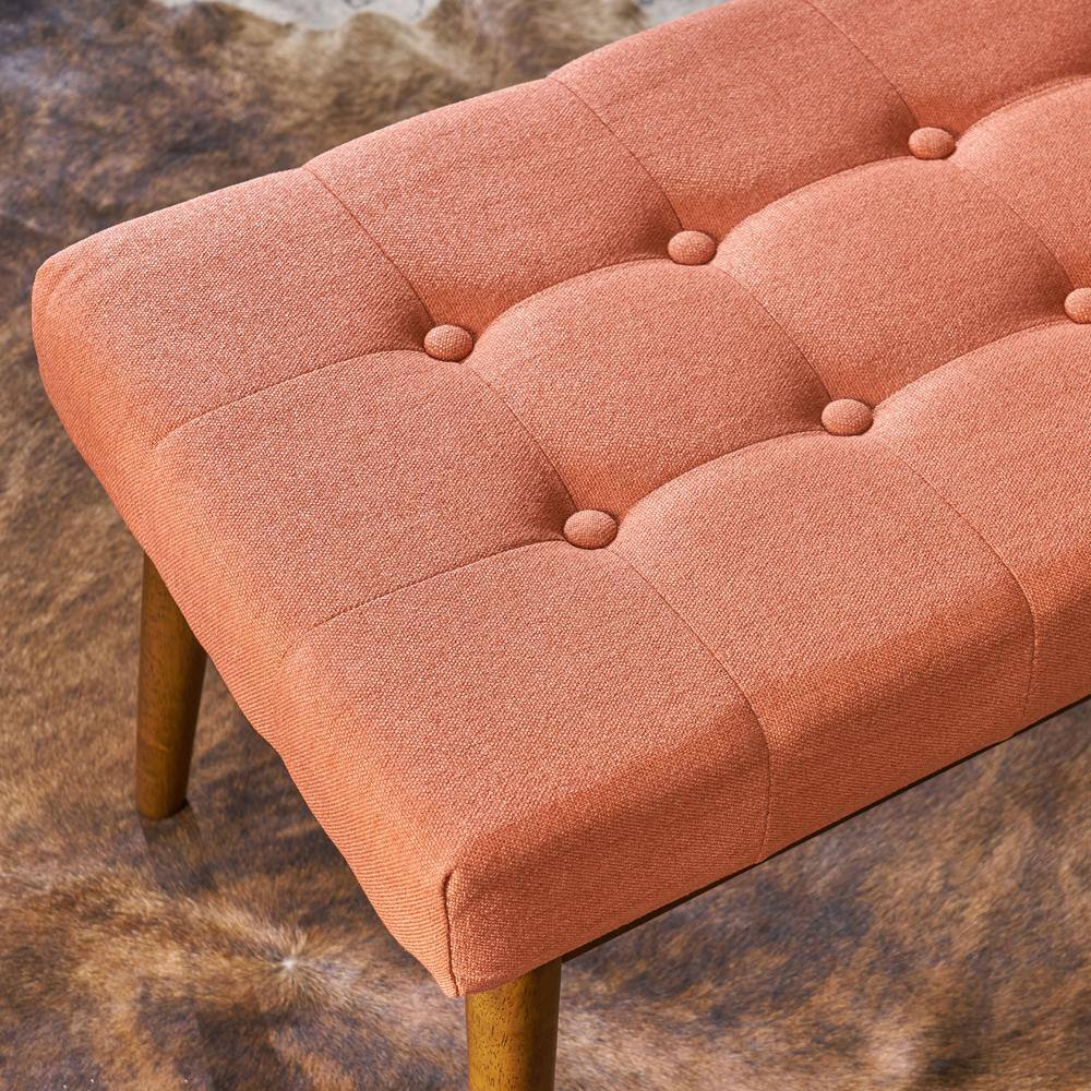 Mid-Century Coral Tufted Fabric Ottoman with Walnut Frame