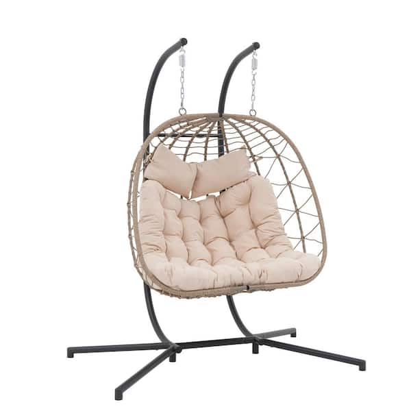 Freestyle Wicker Beige Indoor Outdoor 2-Person Double Porch Swing Egg Chair with Beige Cushions