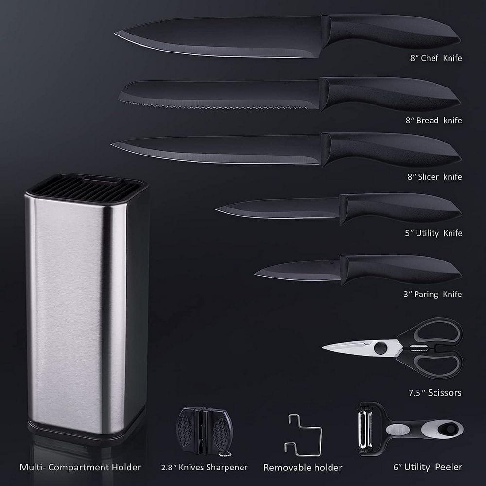 10-Piece Black Stainless Steel Kitchen Knife Set with Block for Cooking, Slicing, Mincing and Dicing - Thumbnail 2