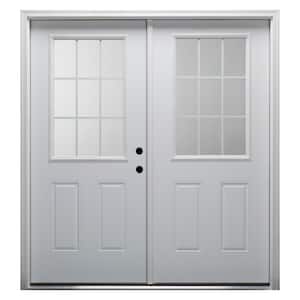 64 in. x 80 in. White Internal Grilles Left-Hand Inswing 1/2-Lite Clear Primed Fiberglass Smooth Prehung Front Door