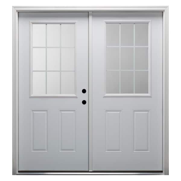 MMI DOOR 64 in. x 80 in. White Internal Grilles Left-Hand Inswing 1/2-Lite Clear Primed Fiberglass Smooth Prehung Front Door