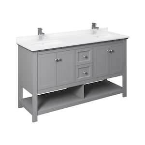Manchester 60 in. W Bathroom Double Bowl Vanity in Gray with Quartz Stone Vanity Top in White with White Basins