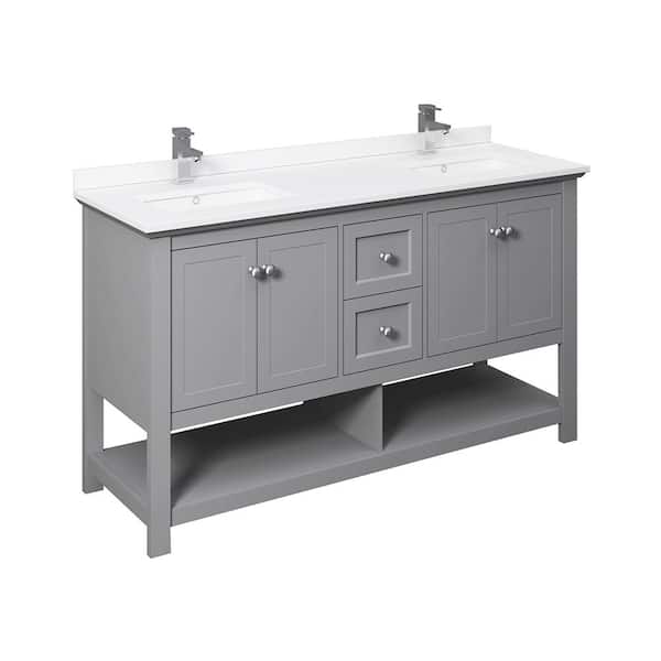 Fresca Manchester 60 in. W Bathroom Double Bowl Vanity in Gray with Quartz Stone Vanity Top in White with White Basins