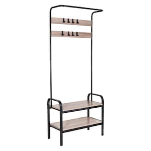 Black Matte Steel and Wood Entryway Rack with Bench