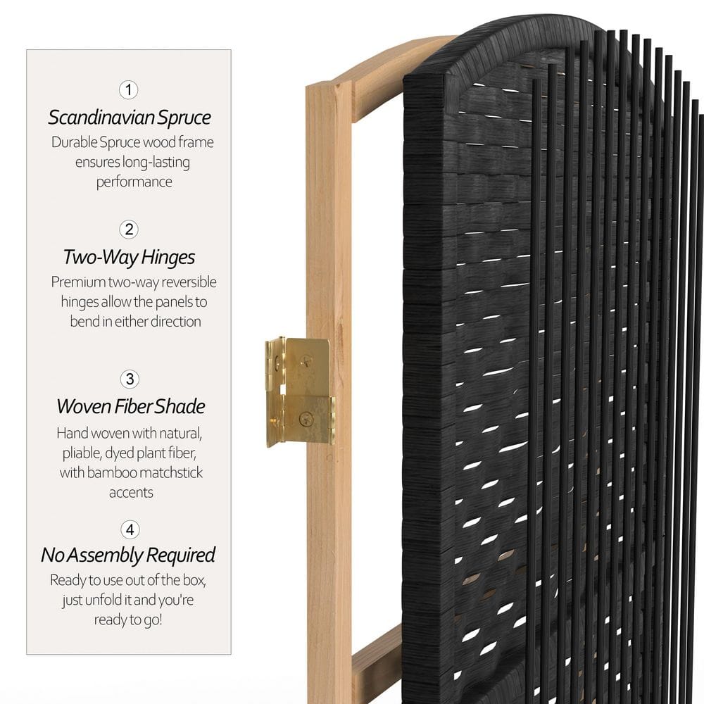 3 ft. Tall Black Woven Fiber Folding Screen - 6 Panel