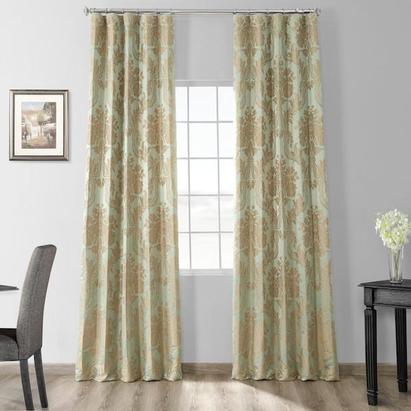 Exclusive Fabrics & Furnishings Magdelena Jade/Gold Jacquard Faux Silk Rod Pocket Room Darkening Curtain - 50 in. W x 96 in. L Single Window Panel