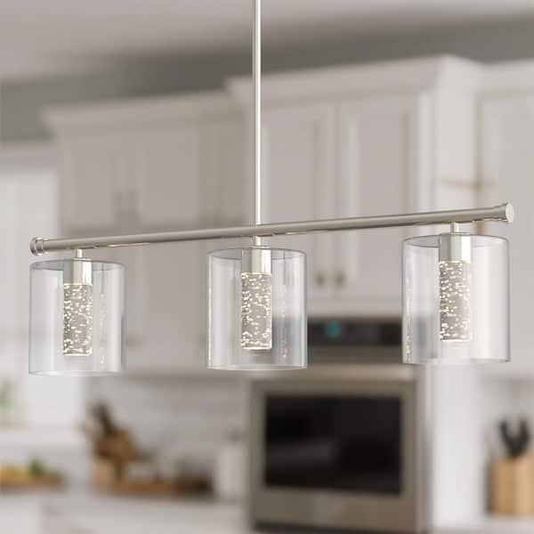 3-Light Brushed Nickel Modern Kitchen Island Integrated LED Pendant Light fixtures, Linear Chandelier with Clear Glass