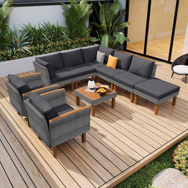 9-Piece Gray Wicker and Acacia Wood Outdoor Sectional Set with Gray Cushions, Coffee Table