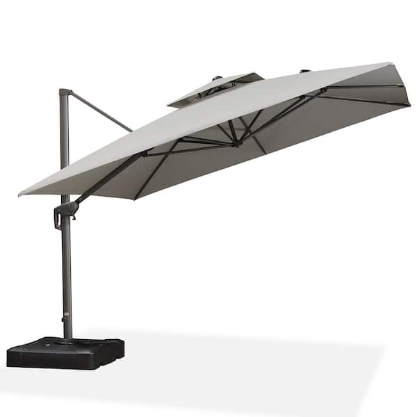 PURPLE LEAF 11 ft. Square 2-Tier Aluminum Cantilever 360° Rotation Patio Umbrella with Base in Ground, Light Gray