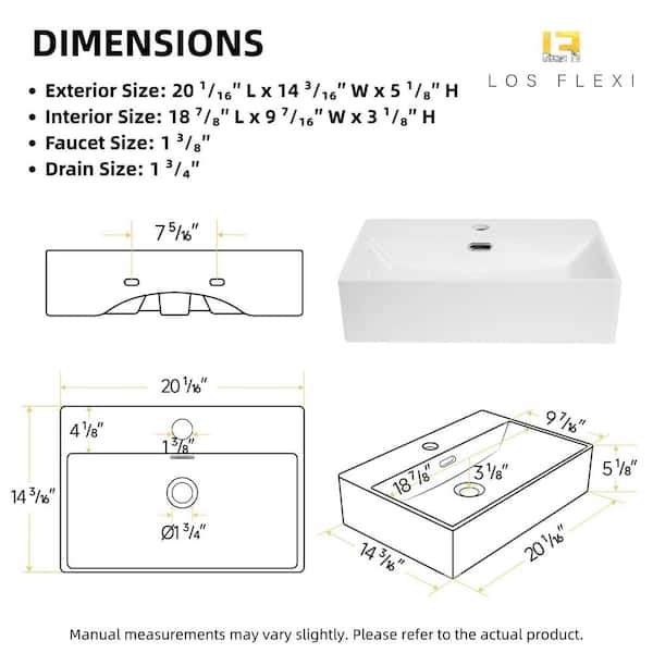 20 in. x 14 in. Wall Hung Sink with Overflow, White Floating Rectangular Ceramic Sink with Single Faucet Hole
