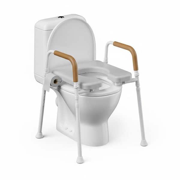 Adjustable Raised Toilet Safety Seat, 350 Lbs Capacity, Hygienic Open Front Design with Padded Armrests in White