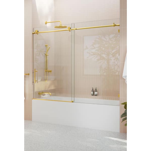 72 in. W x 60 in. H Sliding Frameless Bath Tub Sliding Shower Door in Satin Brass Finish