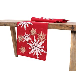 15 in. x 90 in. Magical Snowflakes Crewel Embroidered Christmas Table Runner, Red