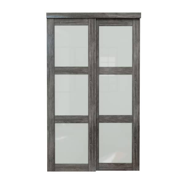 ARK DESIGN 48 in. x 80 in. 3-Lites Tempered Frosted Glass Dark Walnut MDF Closet Sliding Door with Hardware Kit