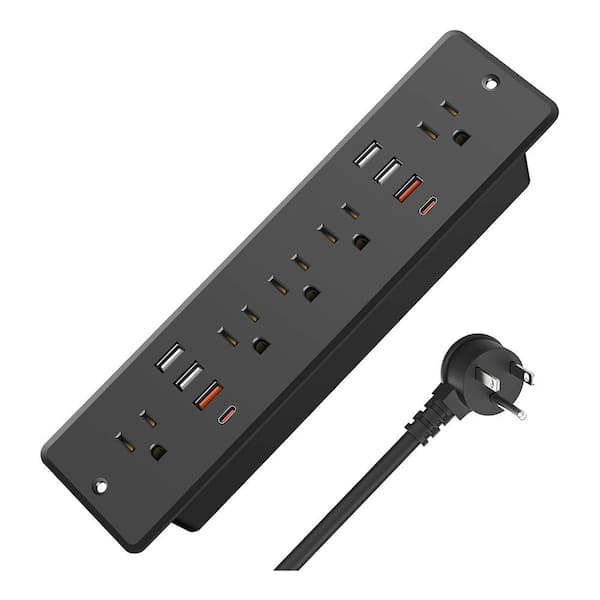 13 in 1 Recessed Power Strip Flat Plug Fast Charging Furniture Outlet with USB Surge Protection Socket Black