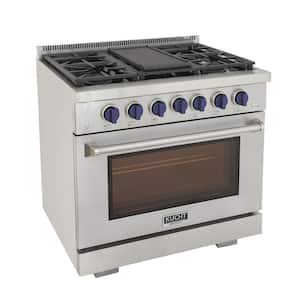 Pro-Style 36 in. 5.2 cu.ft. Natural Gas Range with 21K Power Burners, Convection Oven in Stainless Steel and Blue Knobs