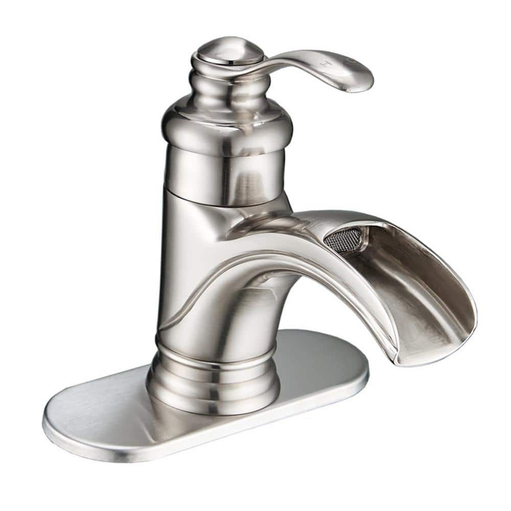 Waterfall Single Handle Single Hole Bathroom Faucet with Deck Plate Brushed