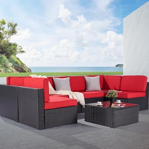 7-Piece Patio Conversation Sofa Set with Red Cushion and Tempered Glass Desktop