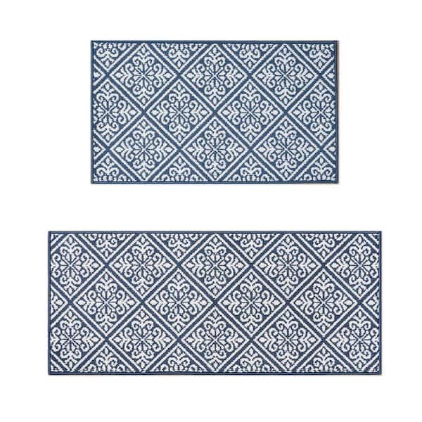 Austell 2-Tone Dusty Navy/Ivory 2 ft. x 5 ft. Geometric Polypropylene 2-Piece Rug Set