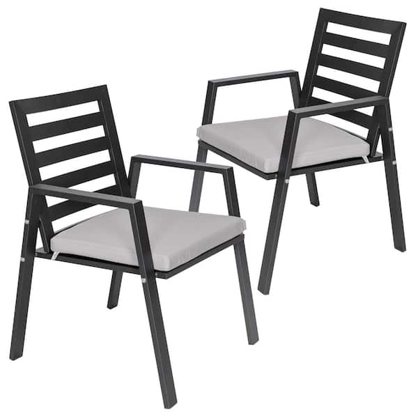 Leisuremod Chelsea Modern Outdoor Dining Chair in Black Metal Frame with Removable Cushions (Set of 2) Light Grey